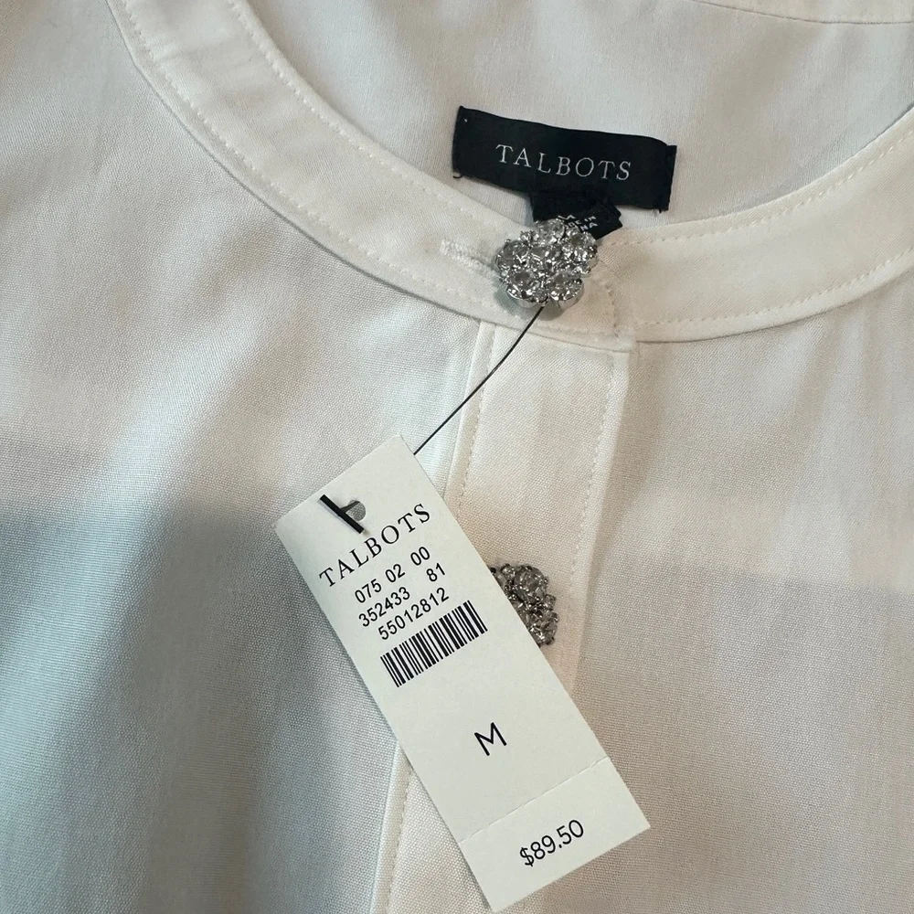 Talbots White Tunic Top Blouse Long Sleeve Jeweled Buttons Size Medium - Picture 10 of 10